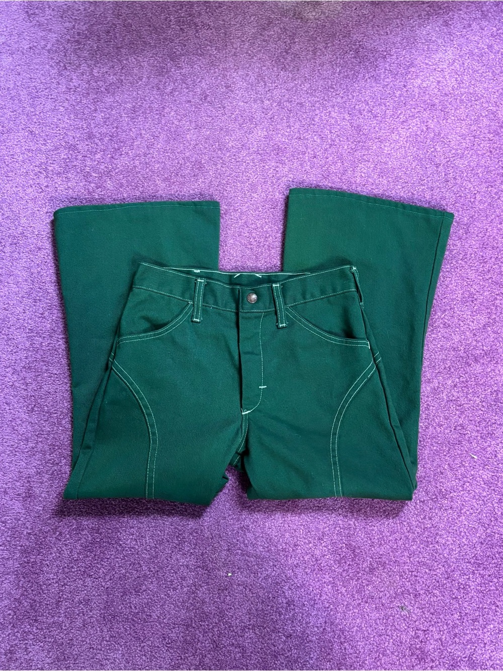 Green Super Denim Flare Jeans White Stitch 70s Hippie Style - Picture 3 of 8